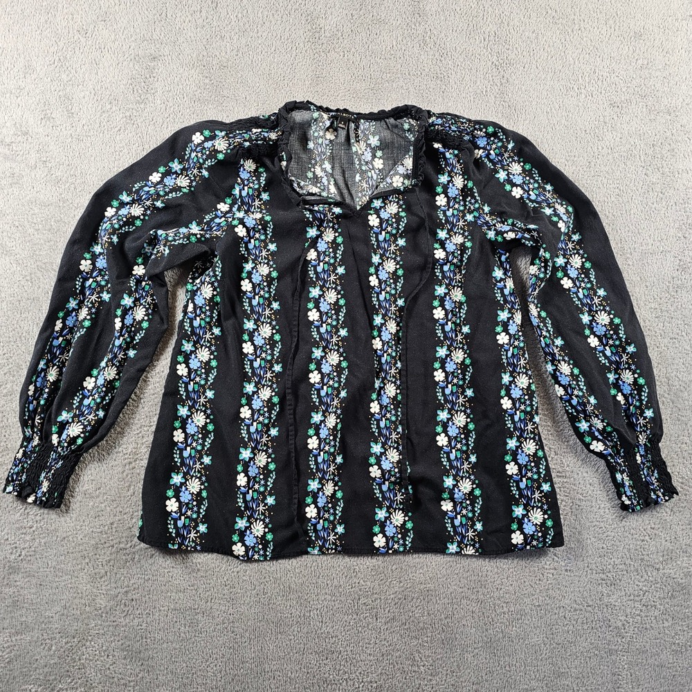 Talbots Womens Small Black Floral Stripe Rayon Peasant Blouse Smocked Cuff Top